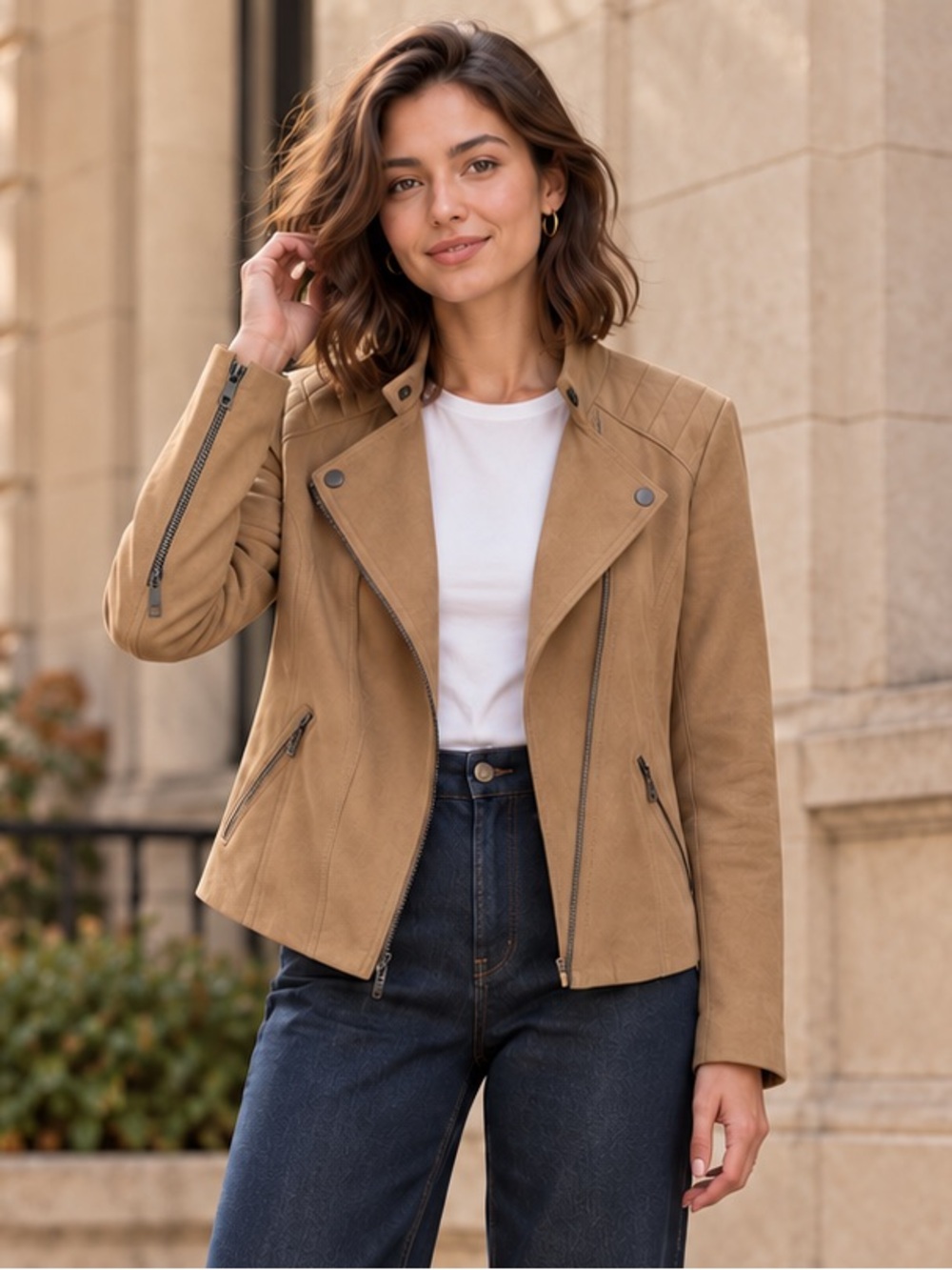 Tan Faux Suede Moto Jacket Chico’s Size 1 US 8-10 NWOT